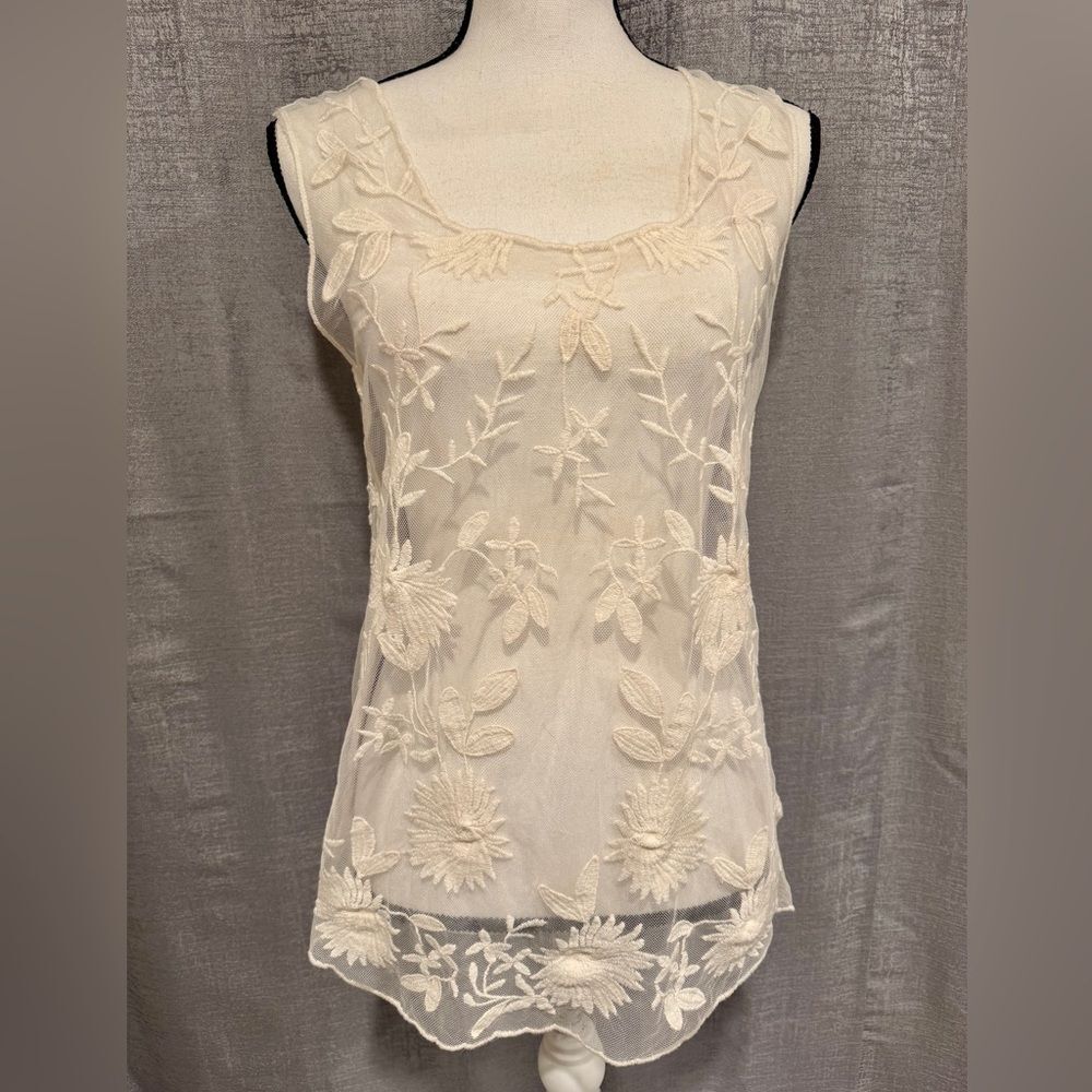 Floral Embroidered Mesh Sheer Top - Size M (A024)